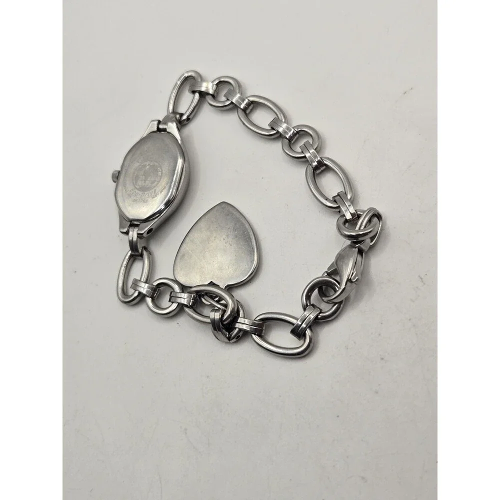 Citizen Eco-Drive Oval Silver Tone White Dial Heart Charm Bracelet Watch.